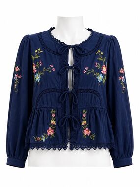 Size XS Jennifer & Grace Women’s Navy Embroidered Floral Tie-Front Blouse